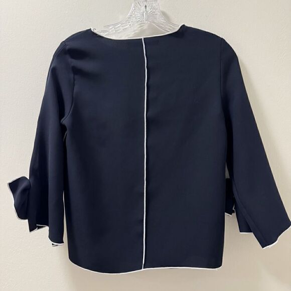 Zara Navy & White Contrast Piping Bow Long Sleeve Blouse - Size XS - Picture 3 of 7
